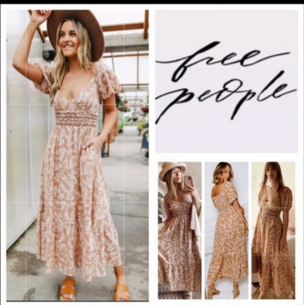 Free People Ellie Dress in Neutral Smocked Waist Puff Sleeves Tiered Skirt